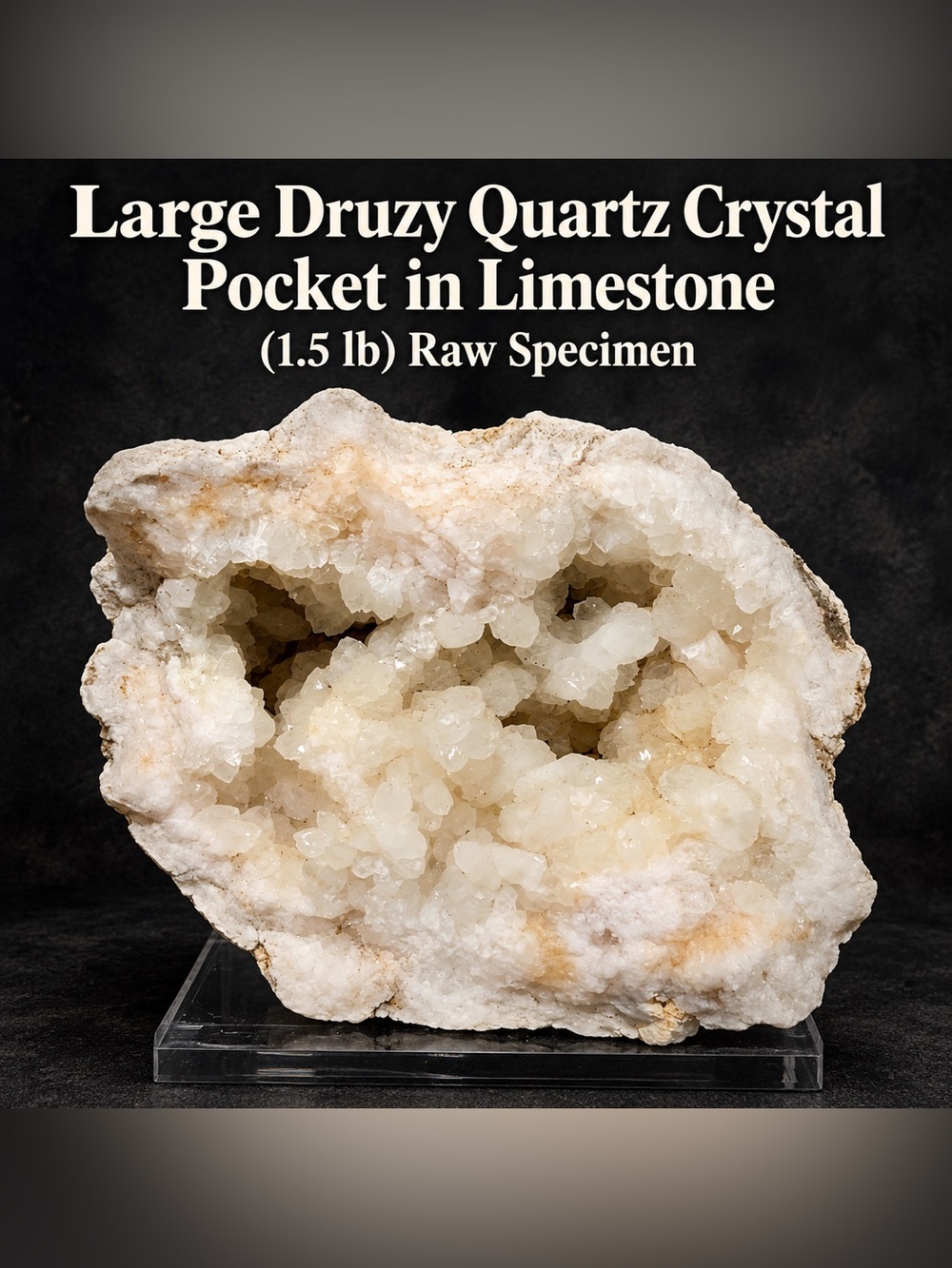 Large Druzy Quartz Crystal Pocket in Limestone – 1.5 lb Raw Specimen